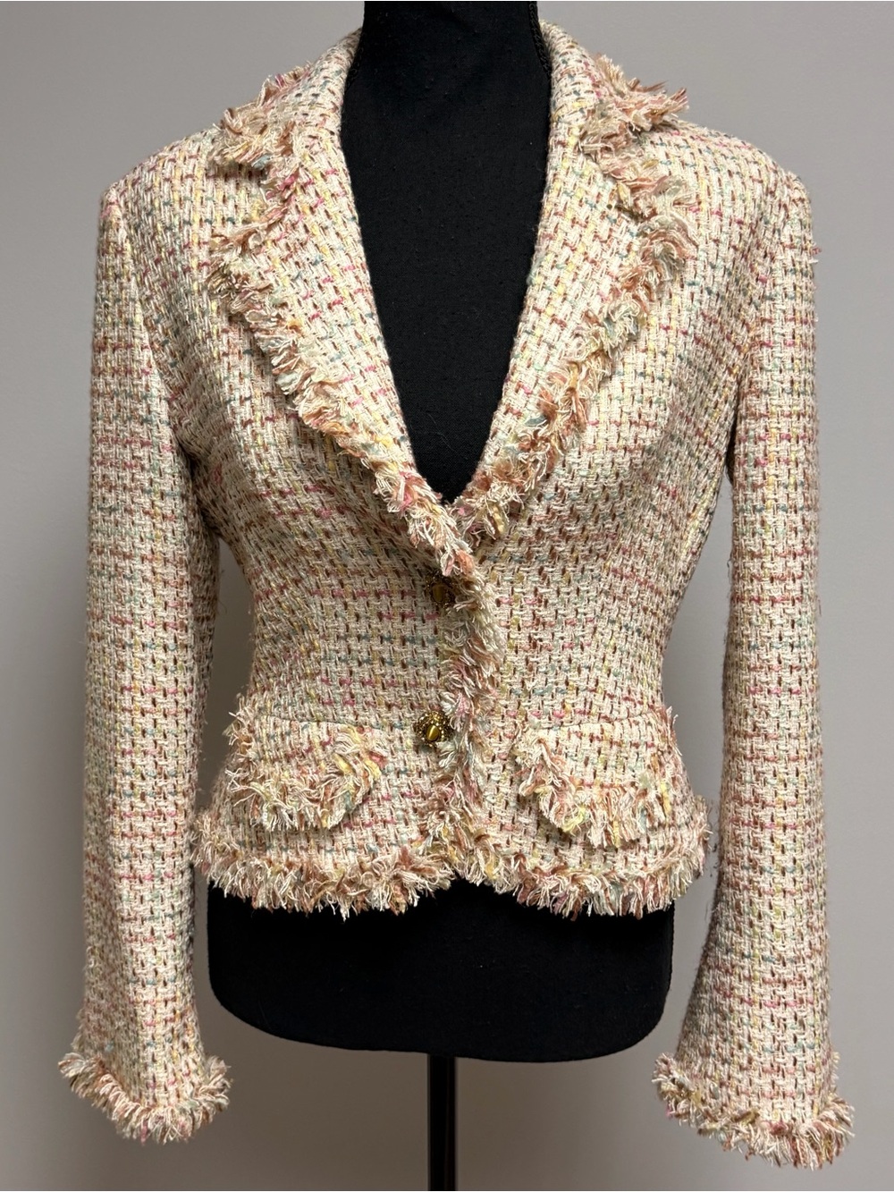 Vintage I.C.E. Pastel Tweed Fringed Blazer Jacket Size 4 Jewel Rhinestone Button